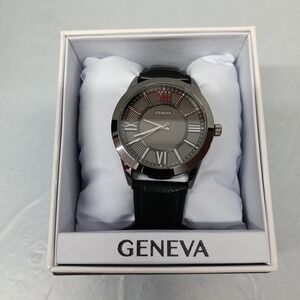 Geneva Watch Men's 40mm Black Dial Date Blalck Leather Band/Silver Bezel New